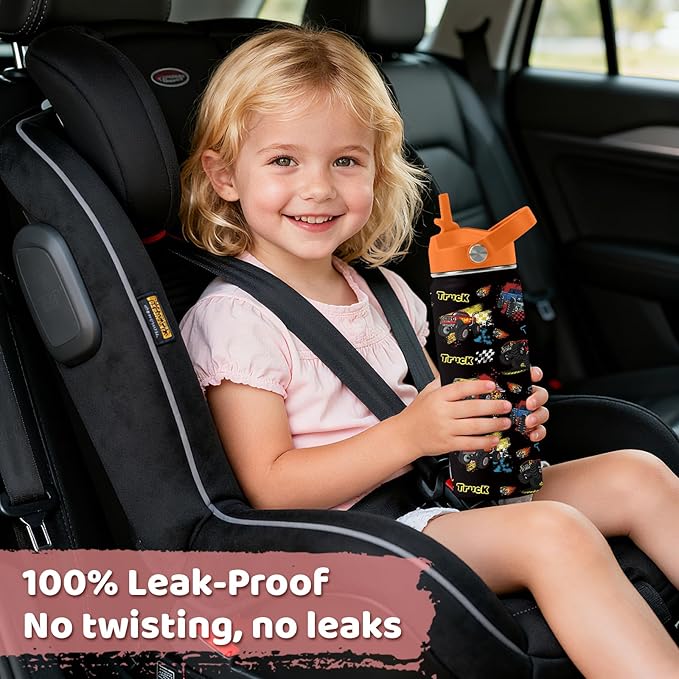 Truck Gifts for Kids - 18 Oz Kids Water Bottle with Straw Lid, Stainless Steel Insulated Tumbler, Leak Proof, BPA-Free, for Girls, School, Travel - Truck Lovers Children Birthday Gifts Cups(1pc)