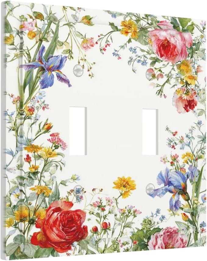 Decorative Light Switch Cover Plate Rustic Red Flower Garden Floral 2 Gang Outlet Covers Double Toggle Wall Plates for Electrical Switch Plate Covers Faceplate for Country Home Decor