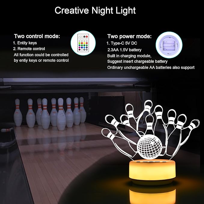Bowling Gifts Night Light for Kids-Sports Bowlings Decor Bedside Lamp for Bowling Fan, 14 Color with Remote Control/Buttons +Timer +Dim Function, Birthday Holiday Gift for Boys & Girls