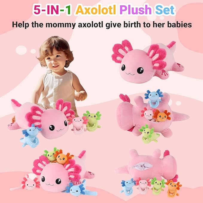 5 in 1 Axolotl Plush Toys for Girls Boys, 18" Mommy Axolotl Stuffed Animal with 4 Baby Axolotls Pink Stuffed Axolotl Plush with Babies Axolotl Plushies for Kids Toddler Birthday Christmas Plush Gifts