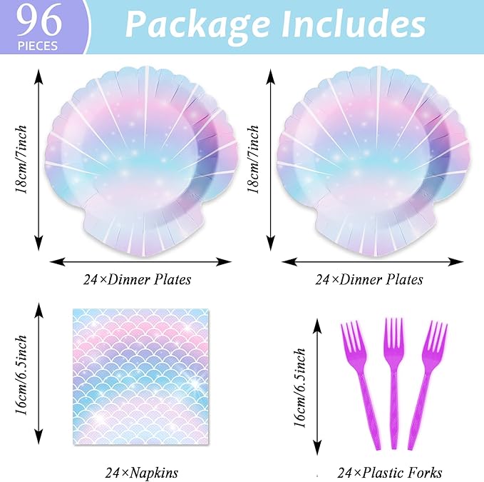 ZOIIWA 96 Pieces Mermaids Themed Party Decorations Mini Under the Sea Tableware for Girls Clam Shell Dessert Plates Napkins Forks for 24 Guests Birthday Party Favors