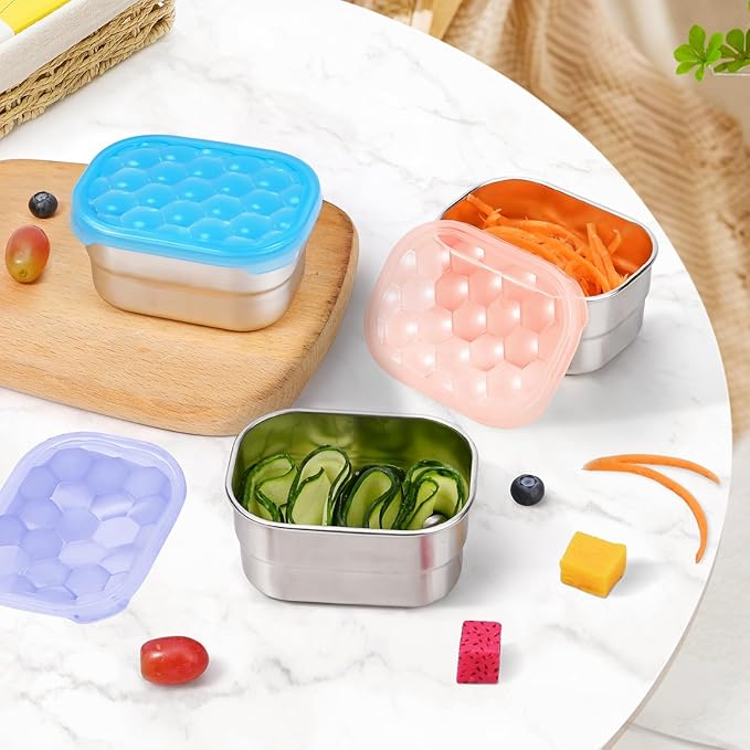 Tanjiae Snack Pro - Small (1 CUP) Stainless Steel Snack Containers for Kids | Easy Open Leak Proof Food Containers with Silicone Lids - Perfect Metal Toddler Lunch Box for Daycare and School (8oz*3)