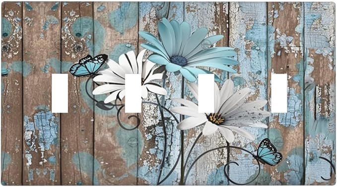 Light Switch Covers Rustic Flower Teal Turquoise Daisy Butterfly Quad Toggle Electrical Faceplate 4 Gang Wall Plate Decorative Switch Plates For Farmhouse Cabin Decor