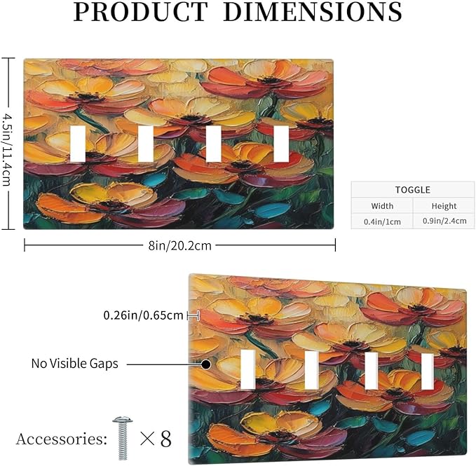 Decorative Art Light Switch Covers Color Flower Blaze Quad Toggle 4 Gang Wall Plate Switch plate Electrical Faceplate for Home Decor
