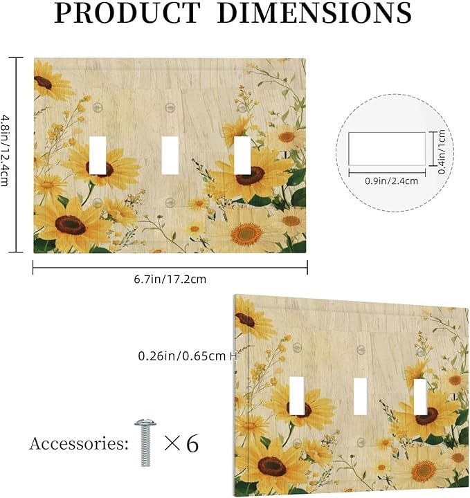 Decorative Switch Plate Cover with Vintage Botanical Sunflower Field Design 3 Gang Artistic Wall Plate Unique Triple Toggle Light Switch Covers for Nature Yellow Blooms Wall Decor