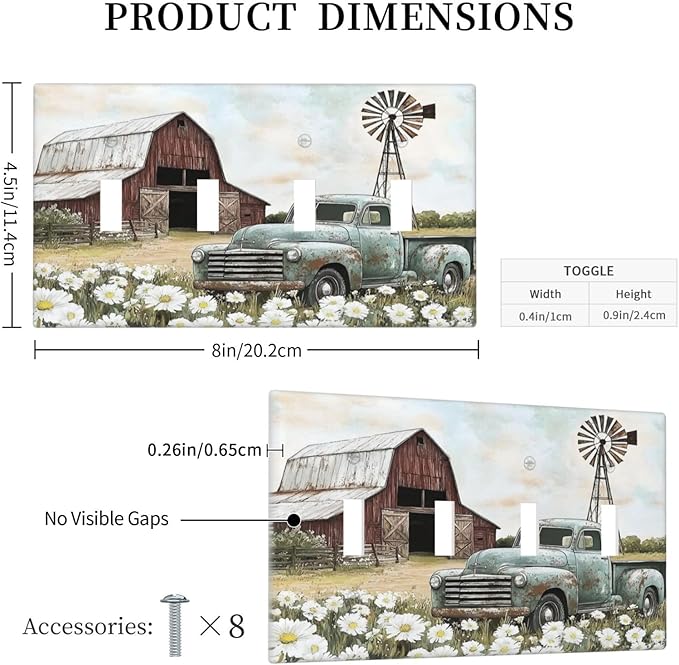 Retro Trucks Old Barn Windmill Teal Car Rustic Light Switch Covers Quad Toggle Electrical Faceplate 4 Gang Wall Plate Decorative Switch Plates for Farmhouse Home Decor