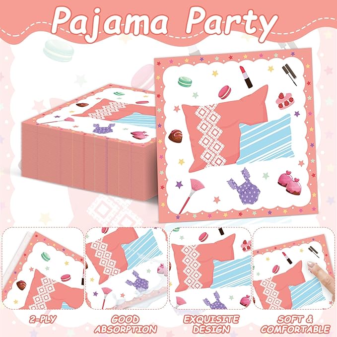 Pajama Party Plates Napkins Sleepover Tableware Set - Spa Party Dinnerware Slumber Cutlery for Girls - Disposable Decoration for 24 Guests