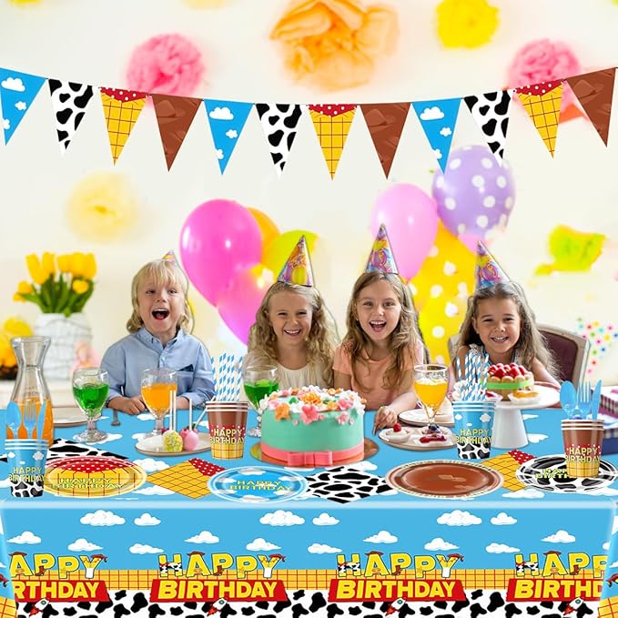 Cartoon Toy Birthday Party Supplies,Blue Sky and White Clouds Pattern With Cow Print Design,Cartoon Story Tableware Party Decoration