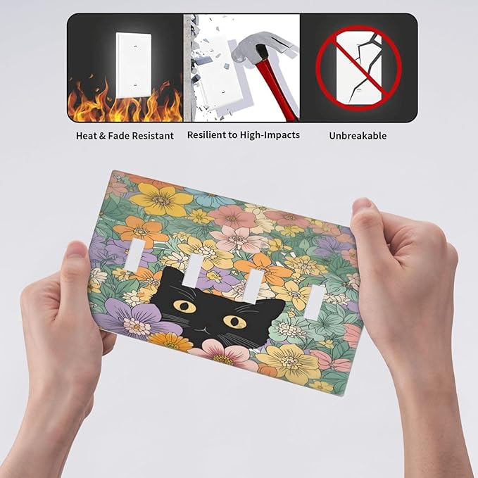 Light Switch Covers Funny Cute Cartoon Cat Floral Colorful Flower Quad Toggle Electrical Faceplate 4 Gang Wall Plate Decorative Switch Plates For Kids Room Nursery Decor