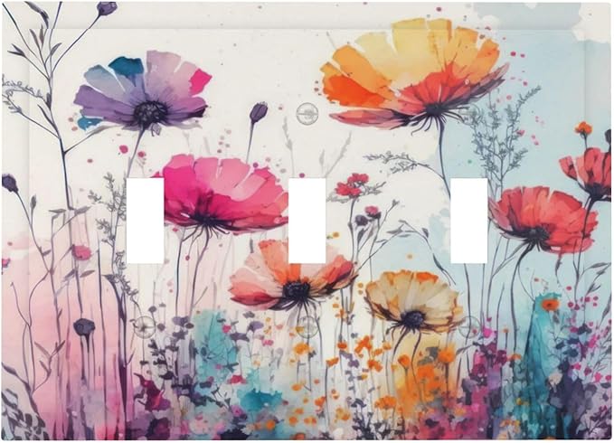 Light Switch Cover Plate Abstract Floral watercolor flowers 3 Gang Wall Plate Triple Toggle Wildflower Switch Covers Decorative Outlet Covers Electrical Switchplate for Bathroom Home Decor