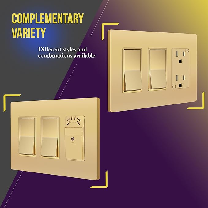 ENERLITES Elite Series Screwless Decorator Wall Plate Child Safe Outlet Cover, Gloss Finish, Size 3-Gang 4.68" H x 6.53" L, Unbreakable Polycarbonate Thermoplastic, SI8833-GD, Gold