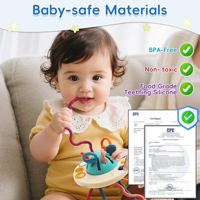Baby Toy for 12M+, Montessori Sensory Toy Play Set for Toddlers, UFO Pull String Toy in Stollers Educational Toy for Development Fine Motor Skills Gift for Boys& Girls