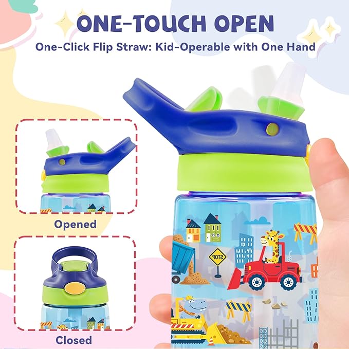 14oz Cute Cartoon Animals Kids Water Bottle with Straw Lid - Vehicles Water Bottles for Kids, Leakproof, Lightweight, Durable Plastic Bottles for School, Animal construction team Gift Cup for Teens