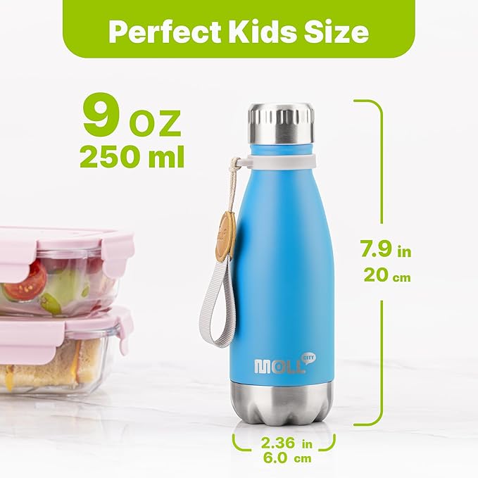 Kids Water Bottle for School-9 oz Stainless Steel Double Wall Vacuum Insulated Sports Water Bottle Reusable Metal Leak Proof Cola Shape Flask for Girls (Sky Blue)