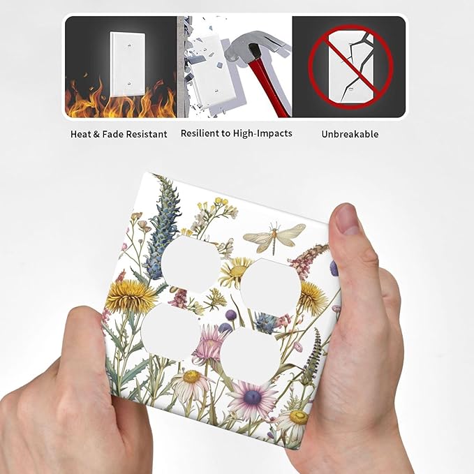 Decorative Outlet Covers Botanical Wildflowers Dragonfly Colorful Floral 2 Gang Decorative Switch Plate Double Duplex Wall Plates Switch Plates and Outlet Covers for Bathroom Bedroom Decor