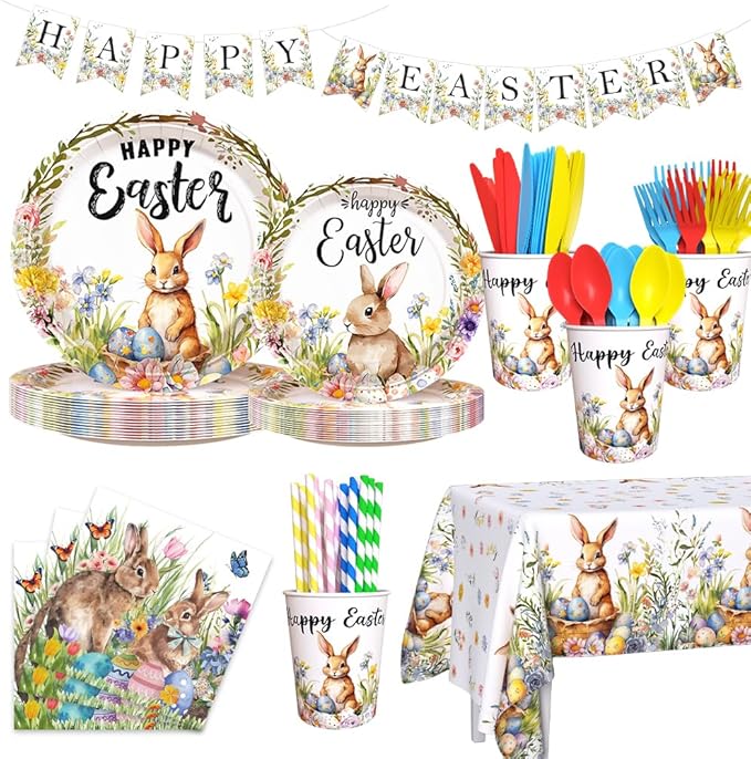 AIBIIN Easter Party Supplies, Happy Easter Party Tableware Set, Happy Easter Banner, Bunny Paper Plates Napkins Cups for Easter Spring Party Decorations
