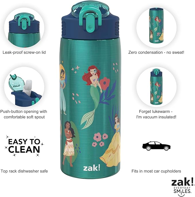 Zak Designs Disney Princess Water Bottle for Travel and At Home, 19 oz Vacuum Insulated Stainless Steel with Locking Spout Cover, Built-In Carrying Loop, Leak-Proof Design (Disney Princess)