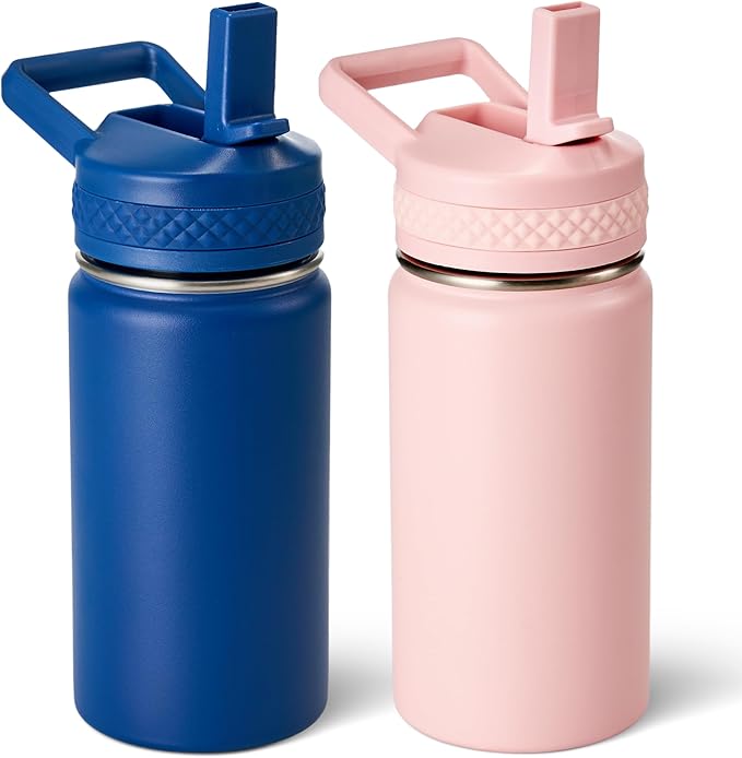 Fijinhom 12 oz Toddler Bottle, 2 Pack Kids Water Bottle for School Boys & Girls with Straws Lids, 304 Stainless Steel Vacuum Insulated Thermos, BPA-Free, Blue + Pink