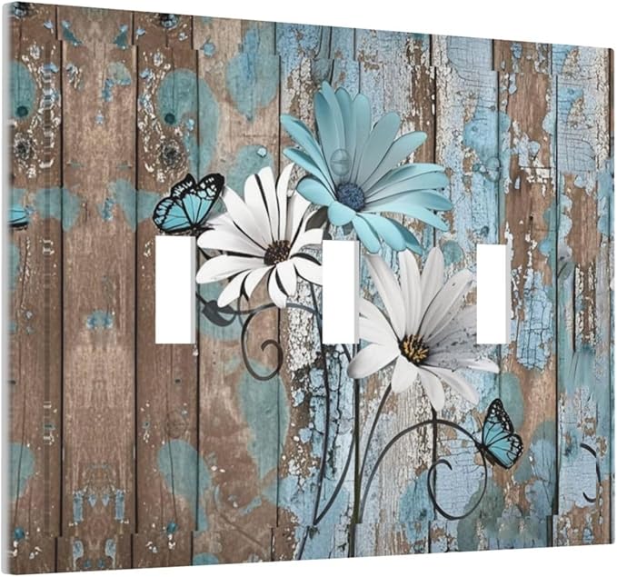 Decorative Switch Plates Rustic Flower Teal Turquoise Daisy Butterfly 3 Gang Wall Plate Triple Toggle Light Switch Cover Faceplate Electrical Wall Panels For Farmhouse Cabin Decor