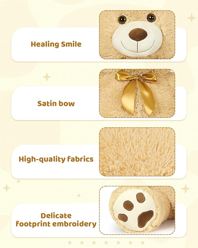 MaoGoLan Giant Teddy Bear Stuffed Animal, 39" Large Tan Teddy Bear Plush Toy with Cute Bow Tie & Footprints, Soft Sunggle Bear Plushies Gift for Kids Grilfriend Wife on Christmas Birthday Baby Shower