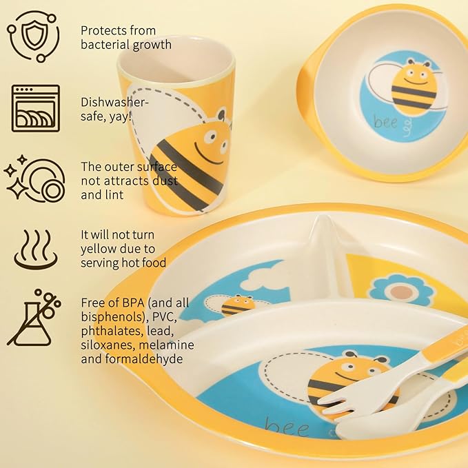 Kids Dinnerware Set, 5-Piece Mealtime Tableware for Children & Toddlers – Includes Divided Plate, Bowl, Cup, Fork & Spoon – Natural Bamboo Fiber, BPA-Free, Dishwasher Safe (Bee)