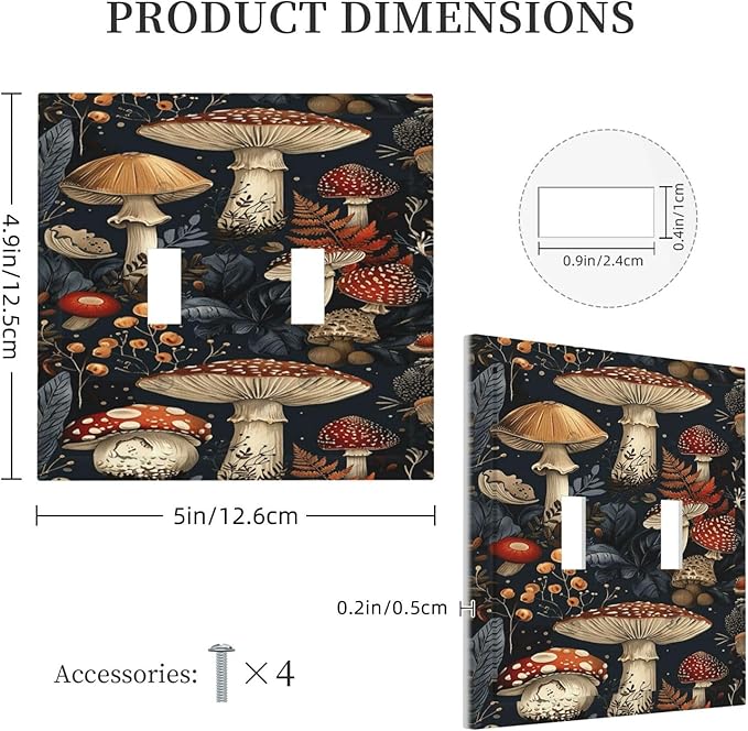 Decorative Switch Plate Covers Vintage Mushroom Floral 2 Gang Double Toggle Light Switch Cover Plate Electrical Wall Plate Outlet Cover Outlet Light Switch Cover for Bedroom Kids room Decor