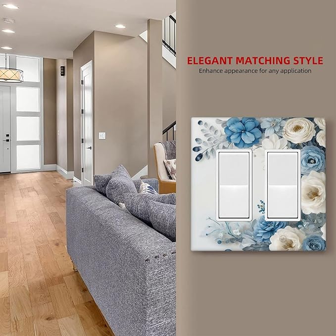 Decorative Outlet Covers Blue Rose White Flowers Rustic Floral 2 Gang Wall Plate Double Rocker Two Switch Wall Cover Plate Jumbo Dual Electrical GFCI Face Plate for Switch Decor