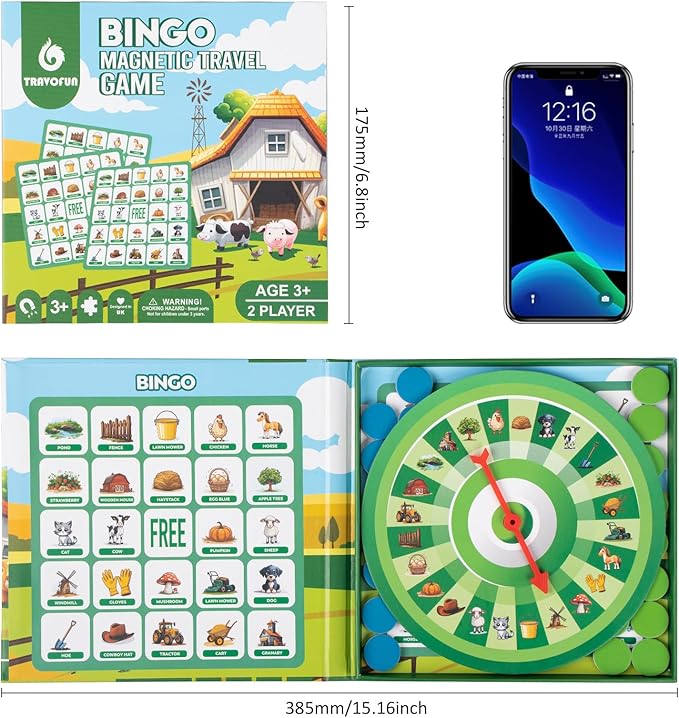 Travofun Farm Bingo Game, Magnetic Travel Toy for Kids 3 and Up, Ideal for Road Trips