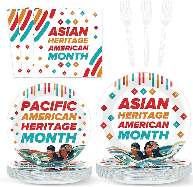 96Pcs AAPI Party Plates and Napkins for AAPI Heritage Month Supplies Asian American and Pacific Islander Themed Paper Dessert Plates Tableware Set for 24 Guests Celebration Festival Party Decorations