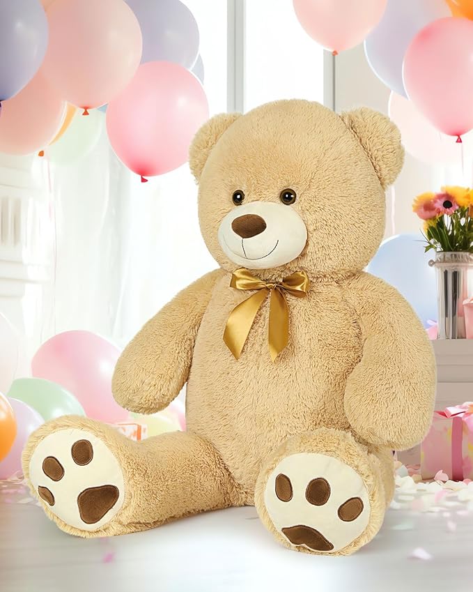 MaoGoLan Giant Teddy Bear Stuffed Animal, 39" Large Tan Teddy Bear Plush Toy with Cute Bow Tie & Footprints, Soft Sunggle Bear Plushies Gift for Kids Grilfriend Wife on Christmas Birthday Baby Shower
