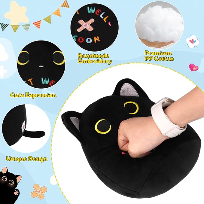 Black Cat Plush, 8 inch Get Well Soon Stuffed Cat Plushie Feel Better Gift Get Well Gift for Kids Women, Cute Plushies Huggable Kitten Pillow for After Surgery Recovery, Cat Lover Gifts