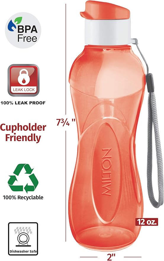 MILTON Water Bottle Kids Reusable Leakproof 12 Oz Plastic Wide Mouth Large Big Drink Bottle BPA & Leak Free with Handle Strap Carrier for Cycling Camping Hiking Gym Yoga