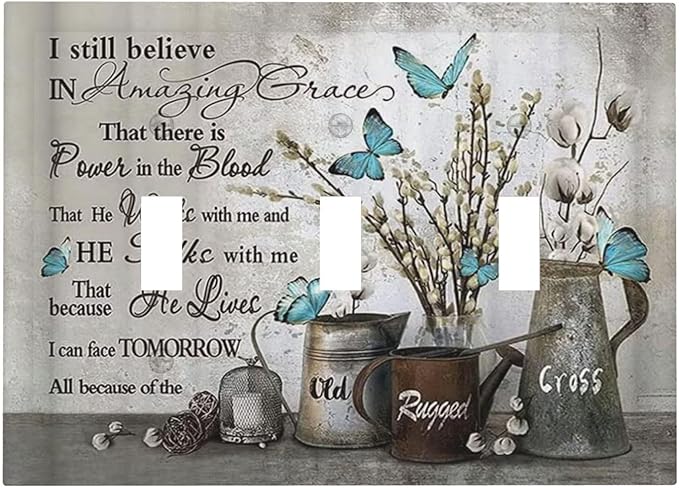 Blue Butterfly Rustic Flower Inspirational Quotes 3 Gang Light Switch Covers Triple Toggle Wall Plate Decorative Switchplate Electrical Faceplate for Farmhouse Country Bedroom Kitchen Decor