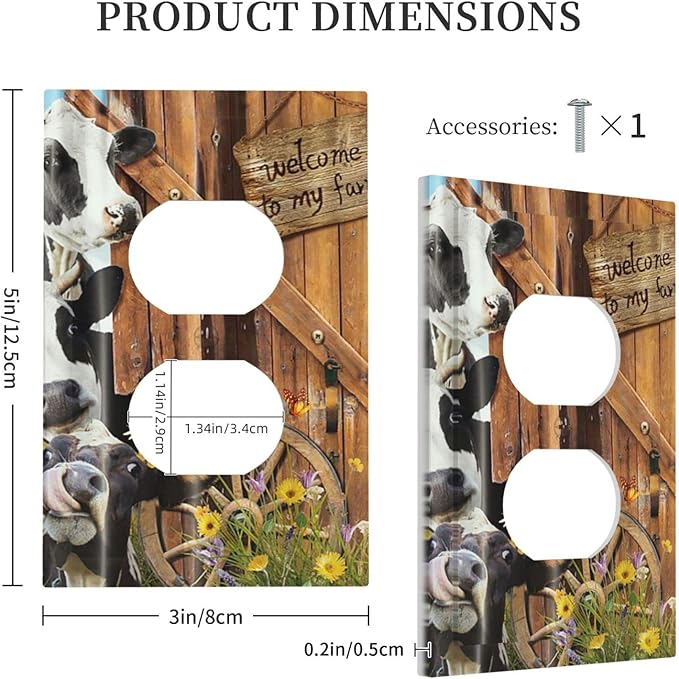 Decorative Switch Plate Covers Farm Cow Farmhouse Barn Door Rustic Vintage Wooden 1 Gang Receptacle Duplex Wall Plate Light Switch Cover Single Dual Device Outlet Plate Electrical Faceplate