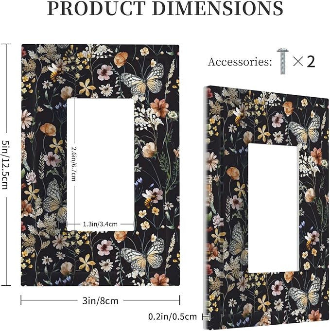 Butterfly Single Rocker Outlet Wall Plates Vintage Flower Leaves 1 Gang Light Switch Cover Decorative Dark Backgrounds Electrical GFCI Switchplate Cute Bees Dimmer Decor for Bedroom Kitchen Bathroom