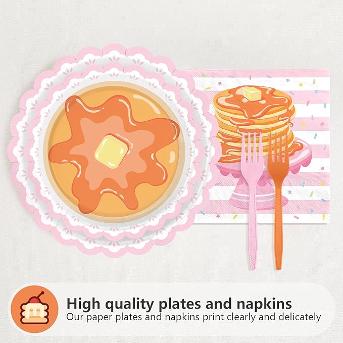 96 Pcs Pancakes and Pajamas Scalloped Party Supplies Pajama Brunch Birthday Plates and Napkins Pink Night Sleepover Tableware Set for Girl Brunch Slumber Birthday Party Supplies, Serves 24
