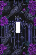 Decorative Light Switch Cover Gothic Style Crow Purple Flowers 1 Gang Single Toggle Decorator Outlet Wall Plate Device Electrical Faceplate Switchplates for Bedroom living Room Decor