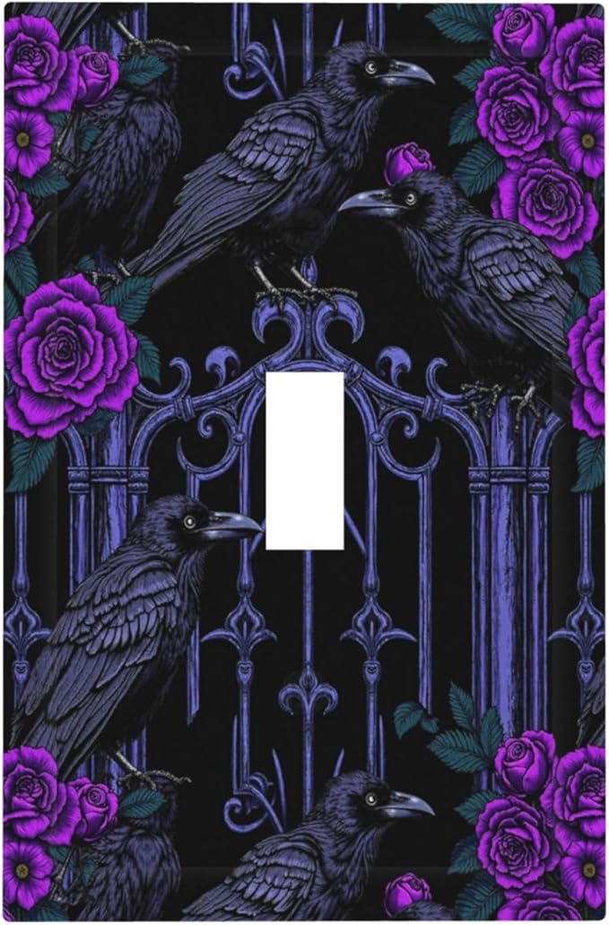Decorative Light Switch Cover Gothic Style Crow Purple Flowers 1 Gang Single Toggle Decorator Outlet Wall Plate Device Electrical Faceplate Switchplates for Bedroom living Room Decor