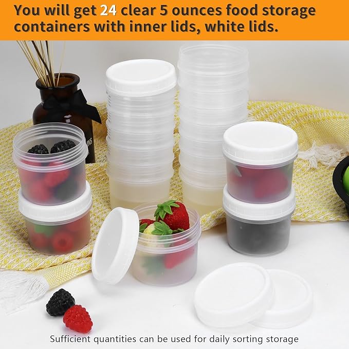 24 Pack 5 oz(160 ml) Food Storage Jars with Screw Lids, Reusable Small Refrigerated Jars, Small Plastic Freezer Storage Food Containers for Cake Jam Ice Cream Sauce