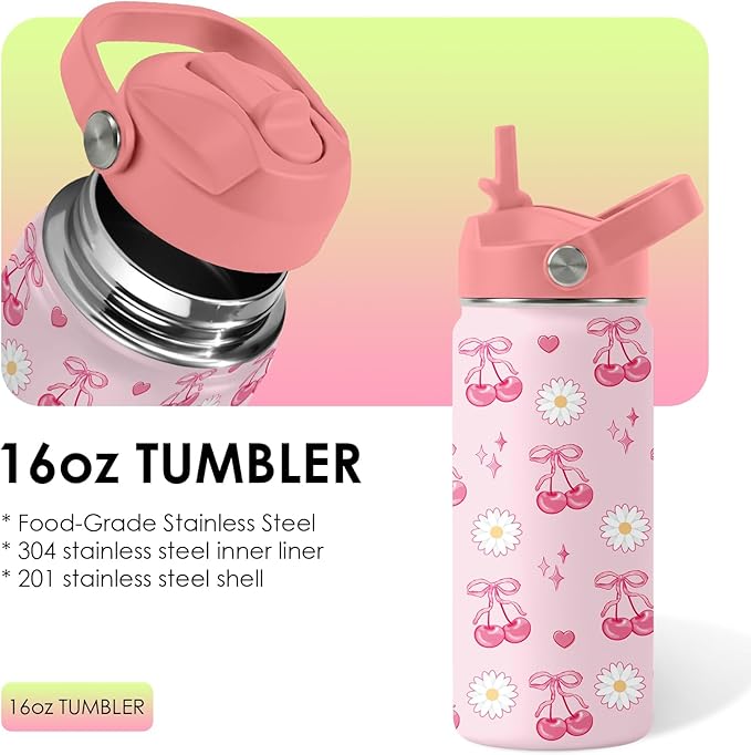 Cherry Gifts for Kids - 16oz Pink Kids Water Bottle with Straw Lid, Stainless Steel Insulated Tumbler, Leakproof, BPA-Free, for Girls, School, Travel - Cherry Lovers Children Birthday Gift Cup (1pc)