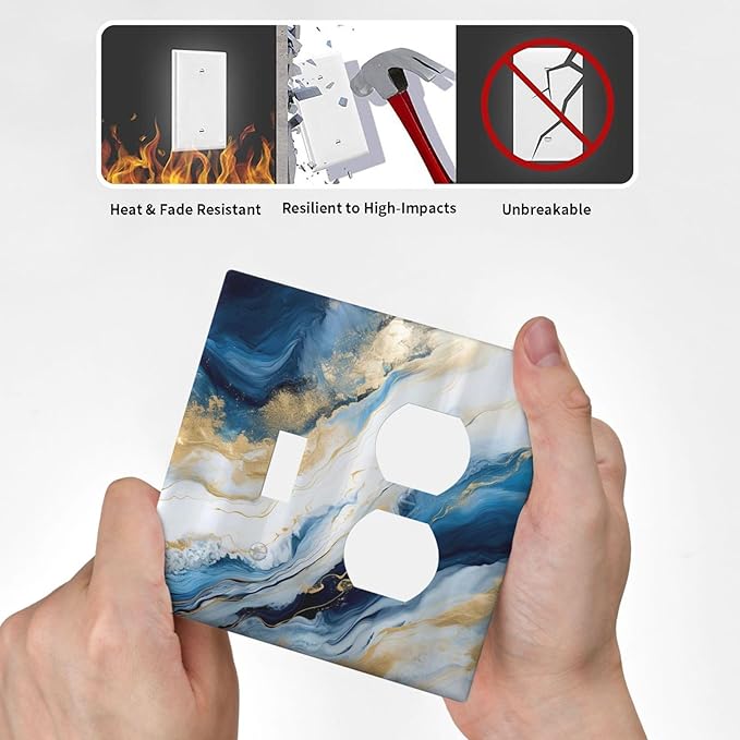 Decorative Outlet Covers Abstract Blue Granite Luxury Watercolor Marble Texture Print 2 Gang Wall Plate Cover Single Toggle Duplex Combo Two Switch Light Switch Cover Plate Jumbo Face Plate