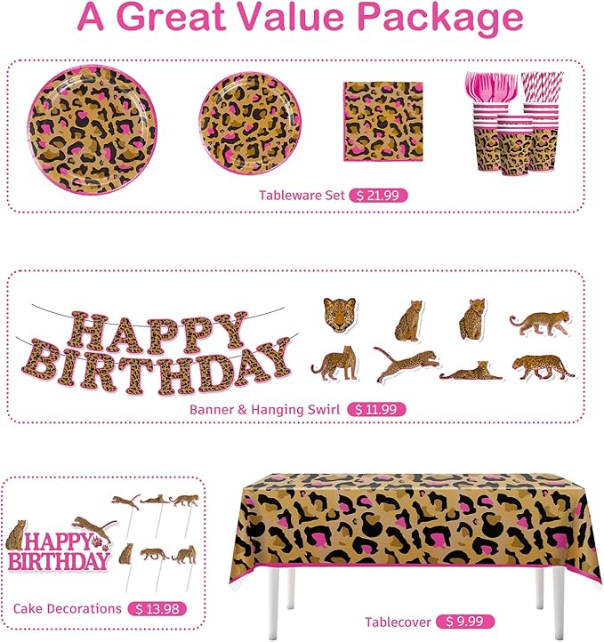 cocomigo 193pcs Cheetah Birthday Decorations Tableware Set, Serves 25 Guests, Cheetah Print Birthday Decorations includes 300 gsm Plates, Balloons, Tablecloths, for Leopard Theme Party Supplies