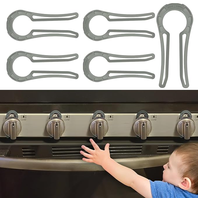 Stove Knob Lock for Child Safety and Proofing (5 Pack), Oven Knob Safety Covers for Kids and Pets(Grey)