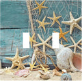 Rustic Coastal Seashell Double Toggle Switch Cover - 2-Gang Standard US Size Fisherman's Catch Beach Scene Light Switch Covers for Bathroom Decor