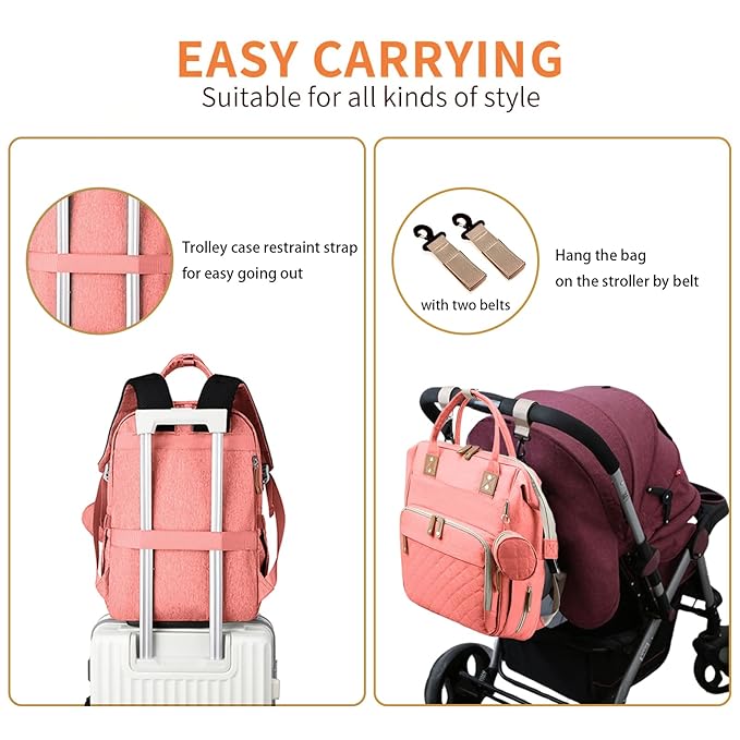 GurZinn Diaper Bag Backpack with Changing Station Portable 3 in 1 Multifunction Backpack Travel mommy bag Stroller Pink