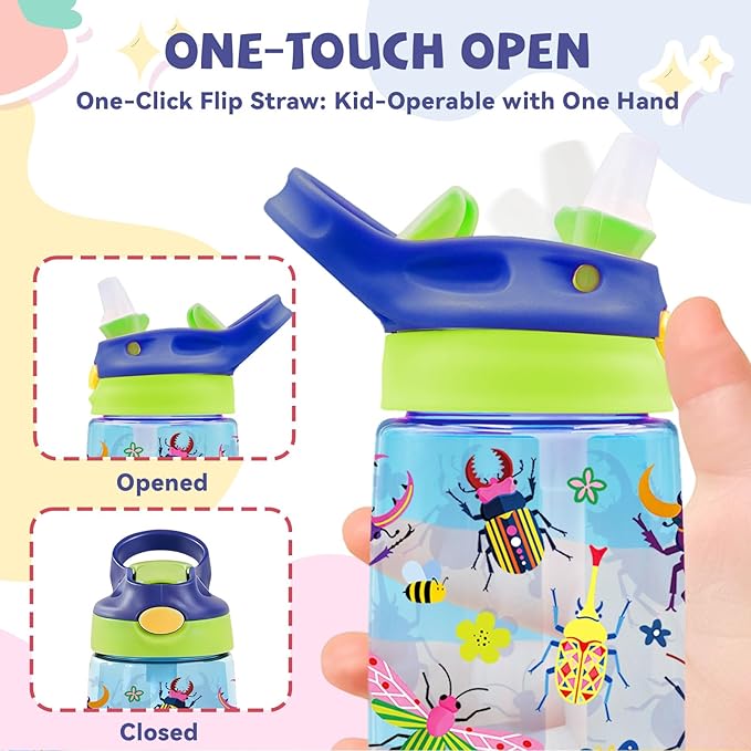 14oz Kids Water Bottle with Straw - Ladybug Water Bottle For School Leakproof Lightweight Durable Plastic Bottles with Straw for Kids Travel, Gift Cup for Children, Pop-Up Spout Cover(Insect)
