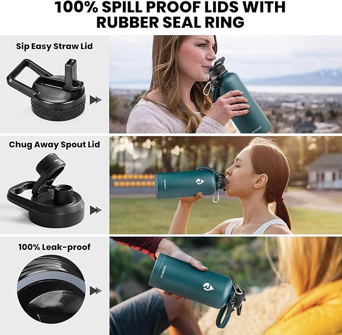 RAYMYLO Insulated Water Bottle 87 oz, Triple Wall Vacuum Stainless Steel (Cold for 48 Hrs), Leak Proof & Non-BPA, Modern Water Flask Jug with Paracord Handle & Straw Spout Lids, Dark Green