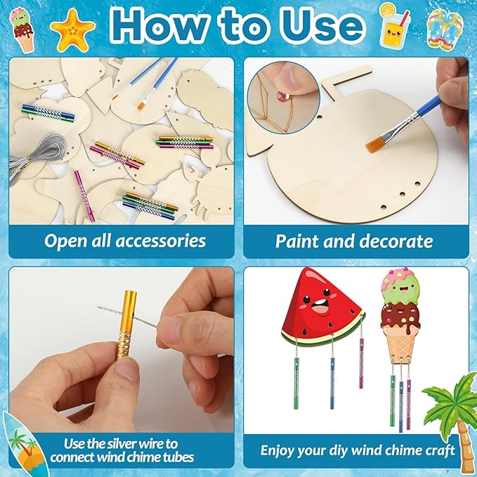 gisgfim 16 Pack Beach Wind Chime Crafts Kits for Kids Make Your Own Luau Hawaii Beach Fruit Wind Chime Wooden DIY Arts and Crafts for Summer Party School Classroom Decoration Supplies Birthday Favors