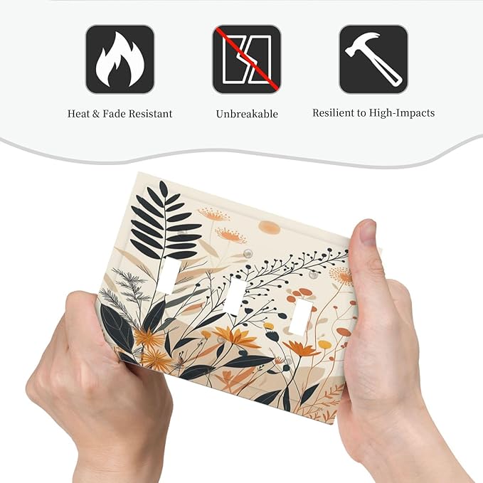 Light Switch Cover Plate Minimalist Floral Boho Botanical Wildflowers 3 Gang Triple Toggle Decorative Switch Plates Wall Plates Electrical Switchplate Faceplate for Bathroom Bedroom Decor