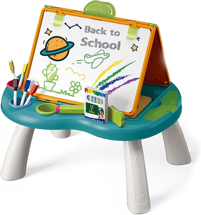 Kids Drawing Board Art Easel Toy Double Sided Chalkboard & Whiteboard Tabletop with Ludo Snakes Ladders Board Games, Dry Erase Markers, Chalk - Birthday Gift Toddler Boys Girls